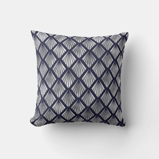 Navy Blue and Silver Art Deco Diamond Pattern Cushion (Front)