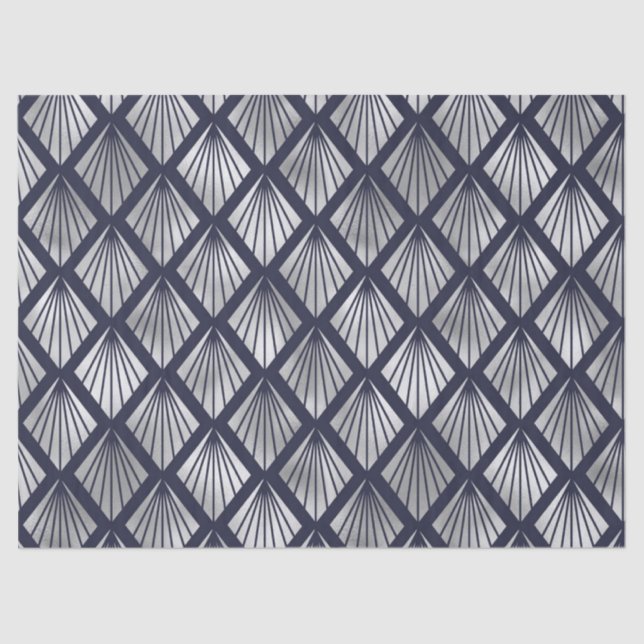 Navy Blue and Silver Art Deco Diamond Pattern Tissue Paper (Front)