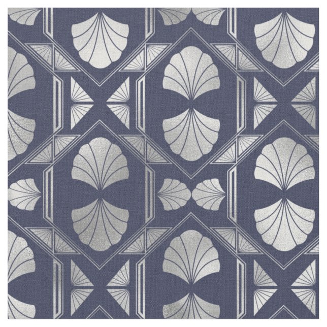 Navy Blue and Silver Art Deco Shell Pattern Fabric (Close Up)