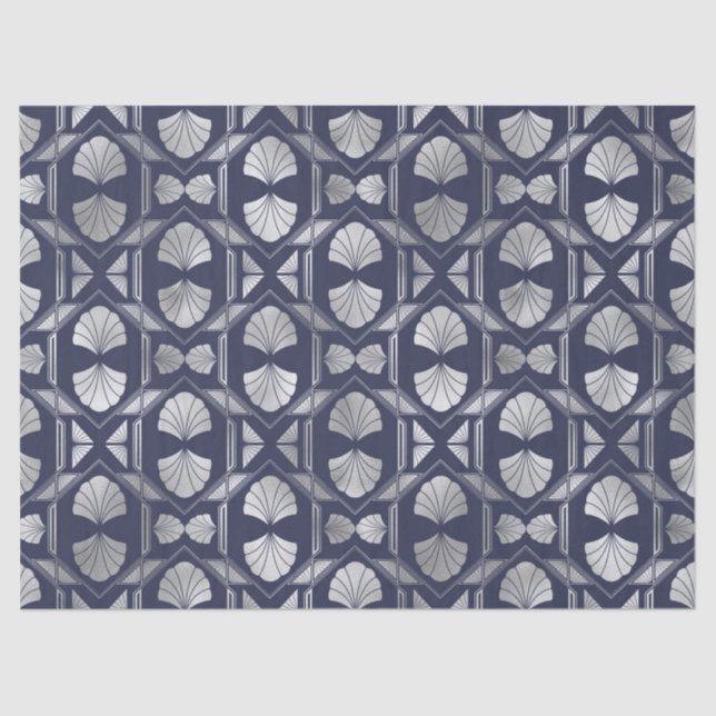 Navy Blue and Silver Art Deco Shell Pattern Tissue Paper (Front)