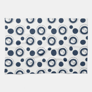 Navy Blue and Silver Concentric Circles Polka Dots Tea Towel