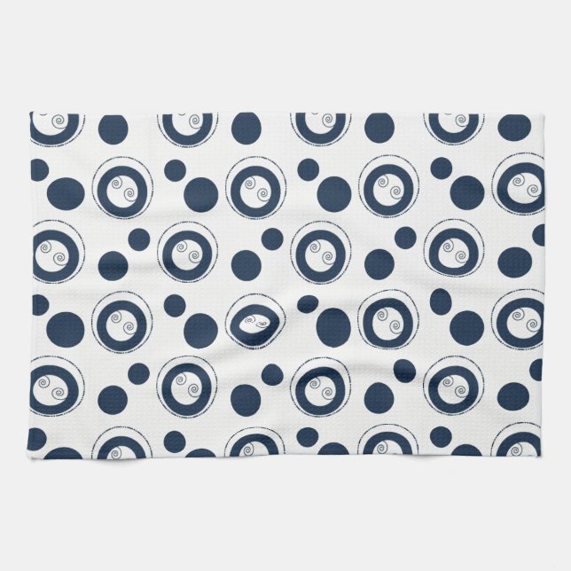 Navy Blue and Silver Concentric Circles Polka Dots Tea Towel (Horizontal)