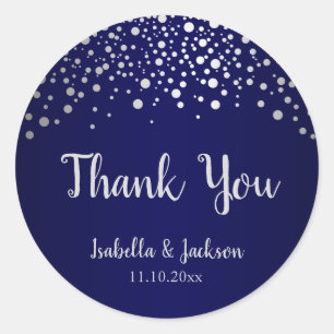 Navy Blue and Silver Confetti Dots Classic Round Sticker
