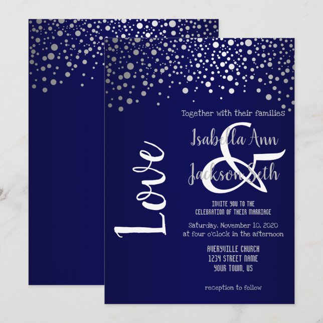 Navy Blue and Silver Confetti Dots Invitation (Front/Back)