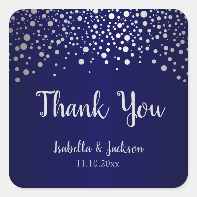 Navy Blue and Silver Confetti Dots - Square Sticker (Front)