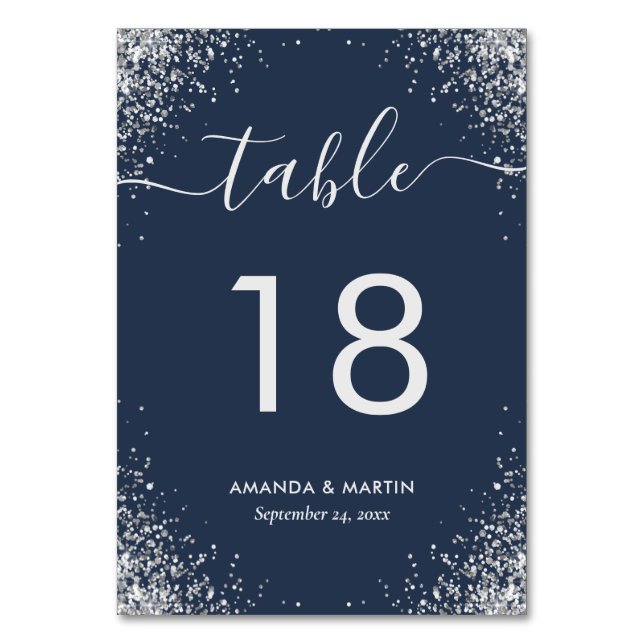 Navy Blue and Silver Confetti Wedding Table Number (Front)