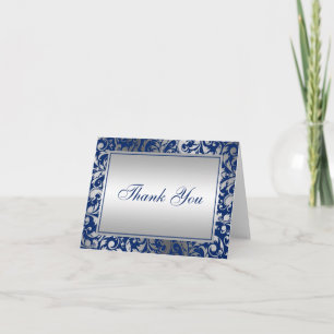 Navy Blue and Silver Damask Swirls Thank You Card