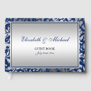 Navy Blue and Silver Damask Swirls Wedding Guest Book