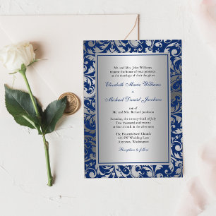 Navy Blue and Silver Damask Swirls Wedding Invitation