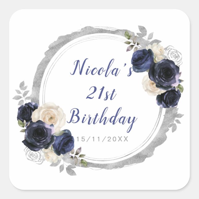 Navy Blue and Silver Elegant Flower Birthday Party Square Sticker (Front)