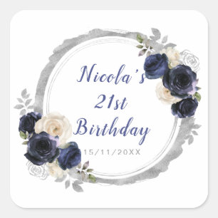Navy Blue and Silver Elegant Flower Birthday Party Square Sticker
