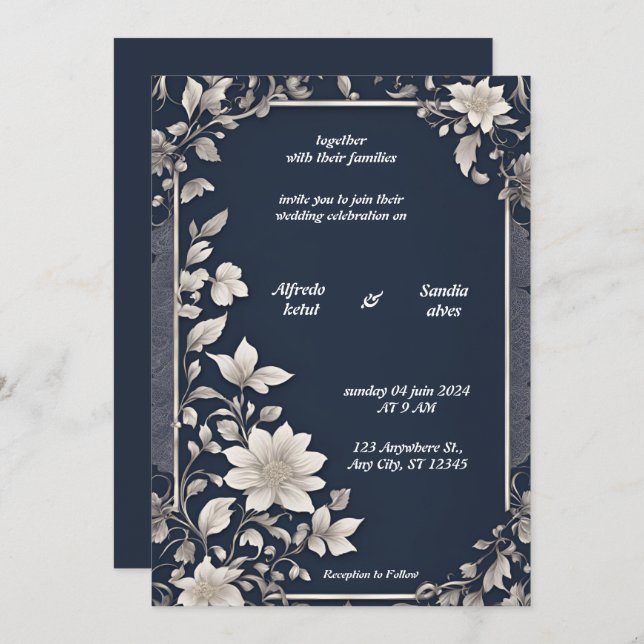 Navy Blue and Silver Elegant Ivory Floral Wedding Invitation (Front/Back)