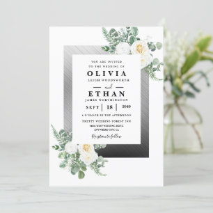 Navy Blue and Silver Elegant Ivory Floral Wedding  Invitation