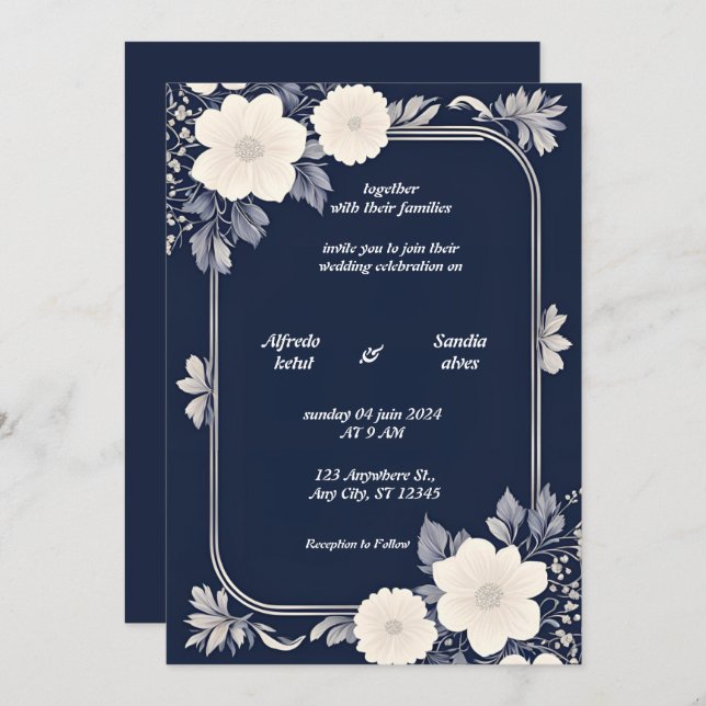 Navy Blue and Silver Elegant Ivory Floral Wedding Invitation (Front/Back)
