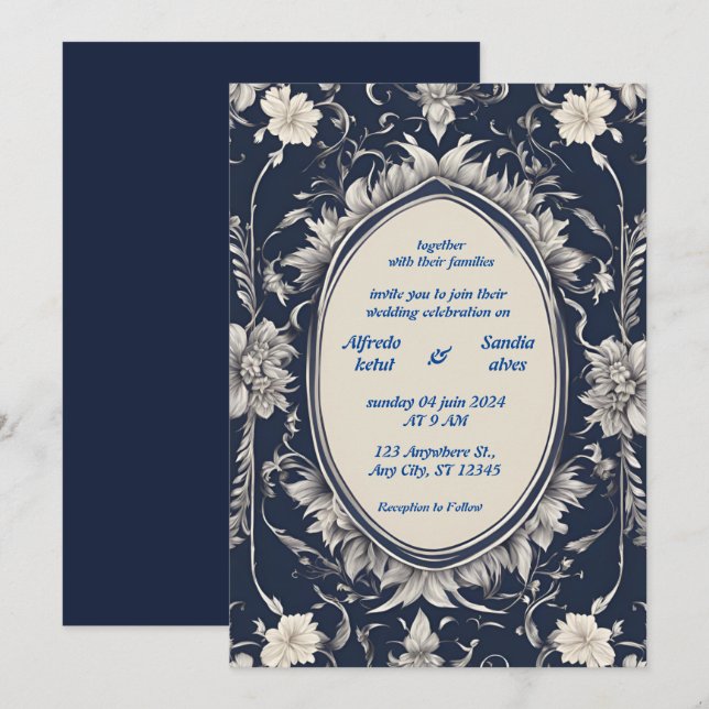 Navy Blue and Silver Elegant Ivory Floral Wedding Invitation (Front/Back)