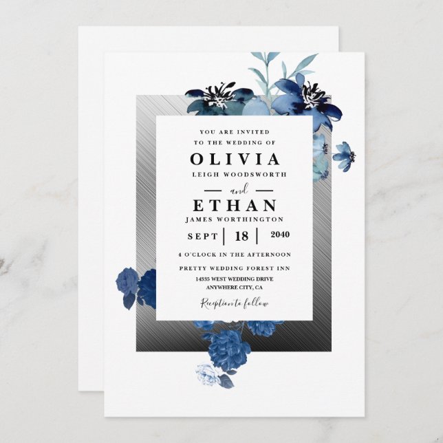 Navy Blue and Silver Elegant Ivory Floral Wedding  Invitation (Front/Back)