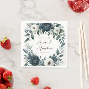Navy Blue and Silver Elegant Ivory Floral Wedding Napkin