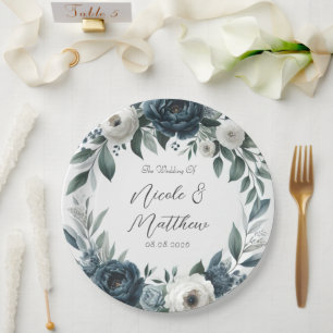 Navy Blue and Silver Elegant Ivory Floral Wedding Paper Plate