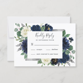 Navy Blue and Silver Elegant Ivory Floral Wedding RSVP Card