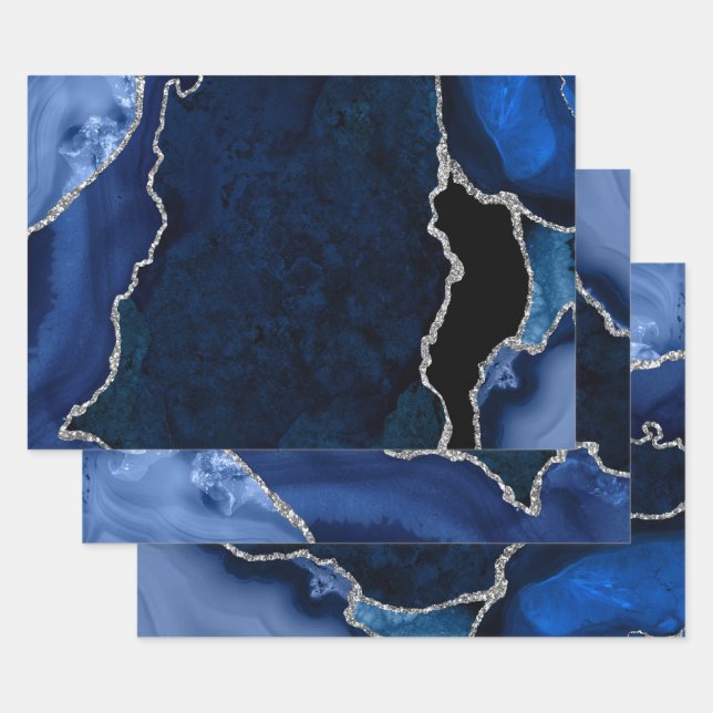 Navy Blue and Silver Faux Glitter Agate Wrapping Paper Sheet (Set)