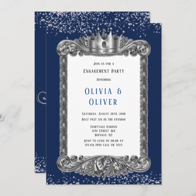 Navy Blue and Silver Frame Royal Engagement Party  Invitation (Front/Back)