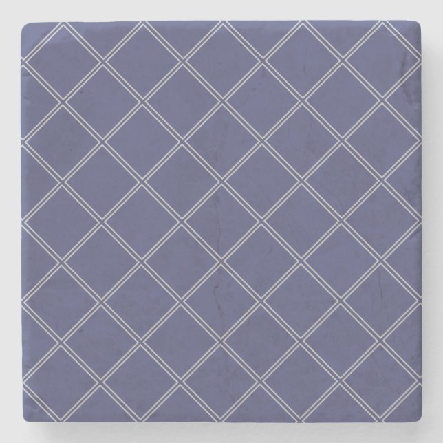Navy Blue and Silver Geometric Diamond Pattern Stone Coaster (Front)