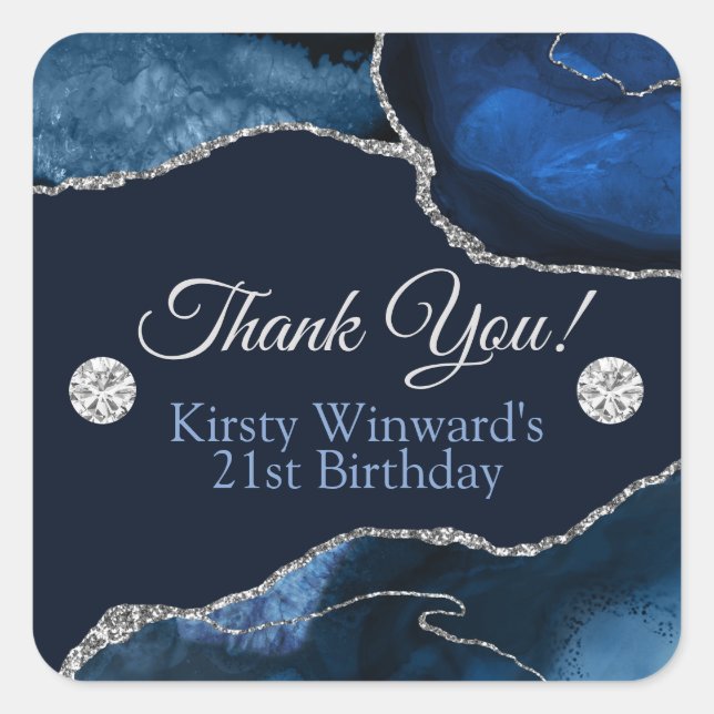 Navy Blue and Silver Glitter Agate Birthday Party Square Sticker (Front)
