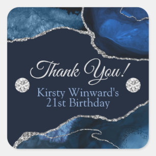 Navy Blue and Silver Glitter Agate Birthday Party Square Sticker