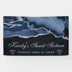 Navy Blue and Silver Glitter Agate Sweet Sixteen Banner