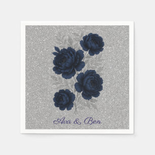 Navy Blue and Silver Glitter Leaves Wedding Napkin