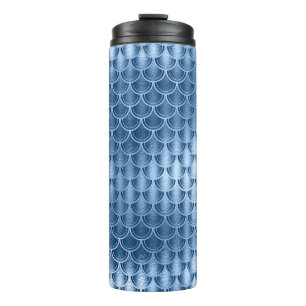 Navy Blue and Silver Glitter Mermaid Scale Pattern Thermal Tumbler