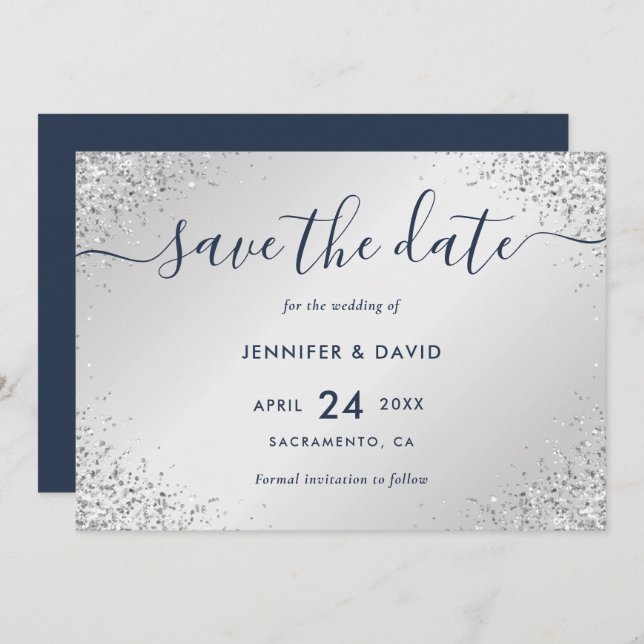 Navy Blue and Silver Glitter Script Wedding Save The Date (Front/Back)