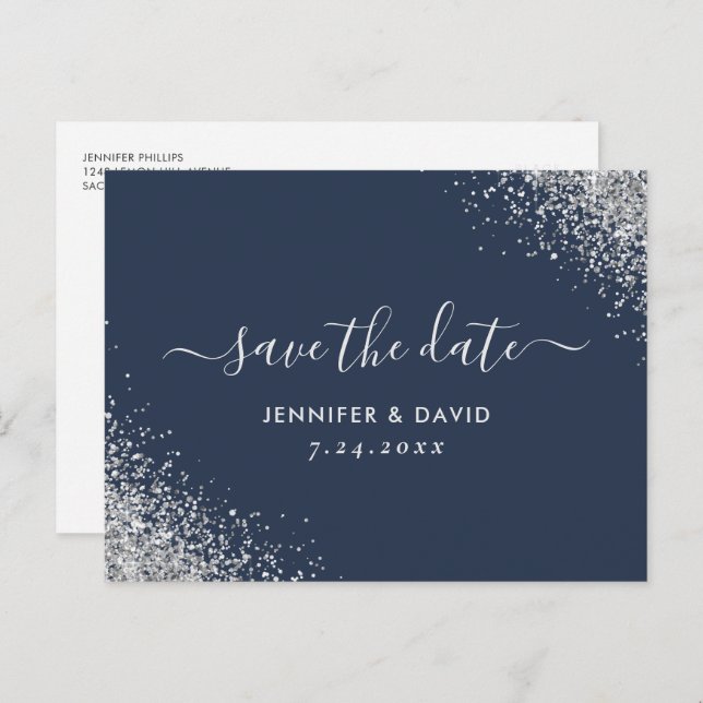 Navy Blue and Silver Glitter Wedding Save The Date Announcement Postcard (Front/Back)