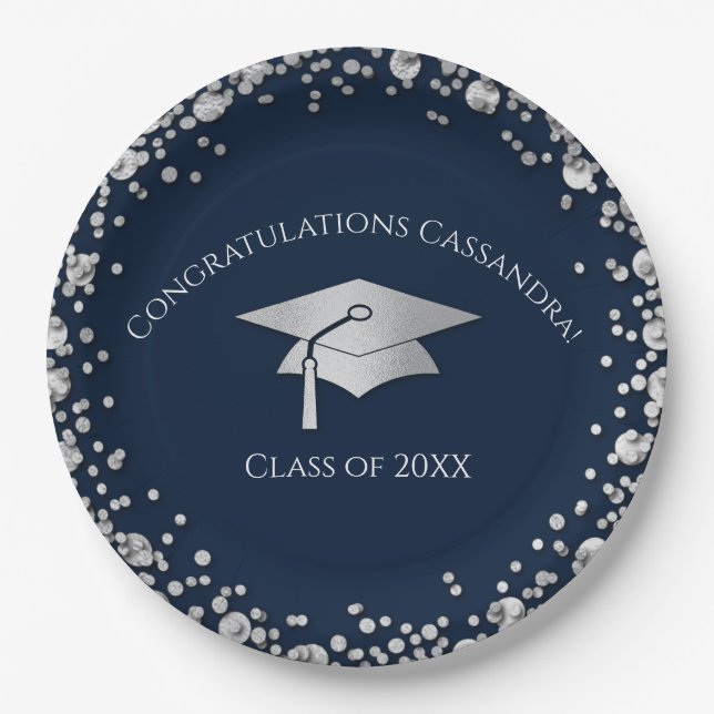 Navy Blue and Silver Graduation Paper Plate (Front)