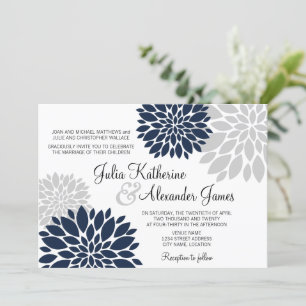 Navy Blue and Silver-Grey Floral Burst Wedding Invitation