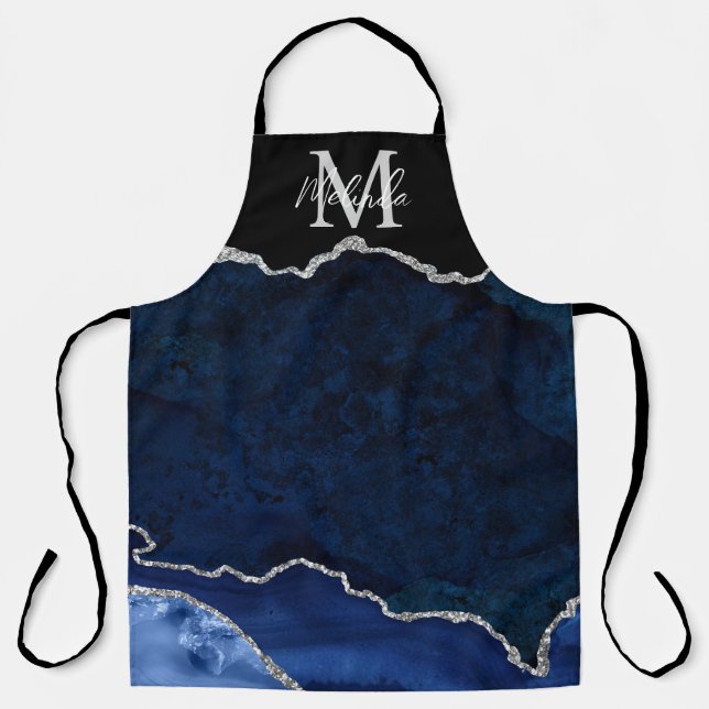 Navy Blue and Silver Marble Agate Apron (Front)