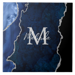 Navy Blue and Silver Marble Agate Ceramic Tile