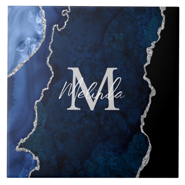 Navy Blue and Silver Marble Agate Ceramic Tile (Front)