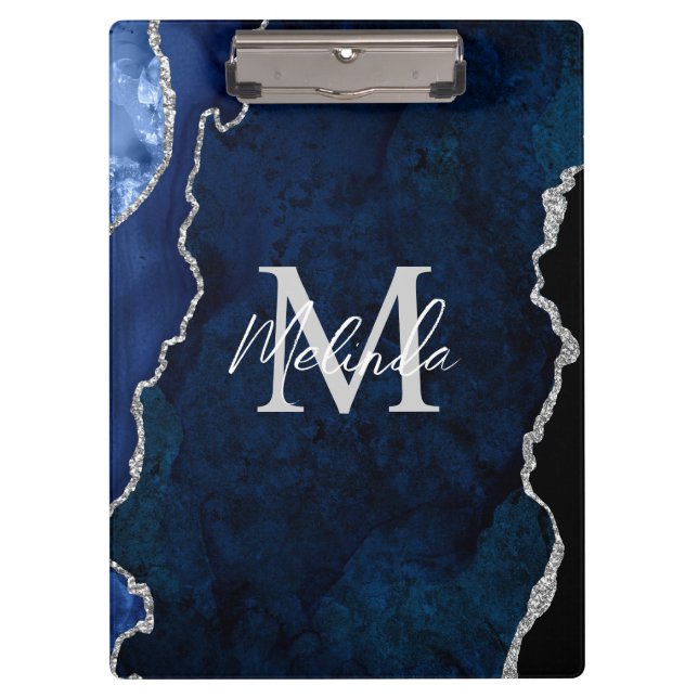 Navy Blue and Silver Marble Agate Clipboard (Front)