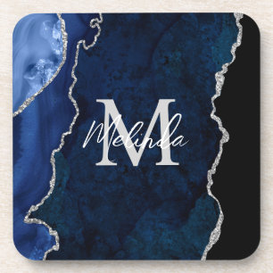 Navy Blue and Silver Marble Agate Coaster