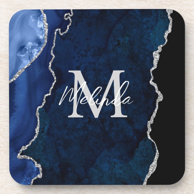 Navy Blue and Silver Marble Agate Coaster (Front)