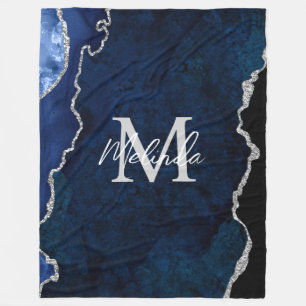 Navy Blue and Silver Marble Agate Fleece Blanket