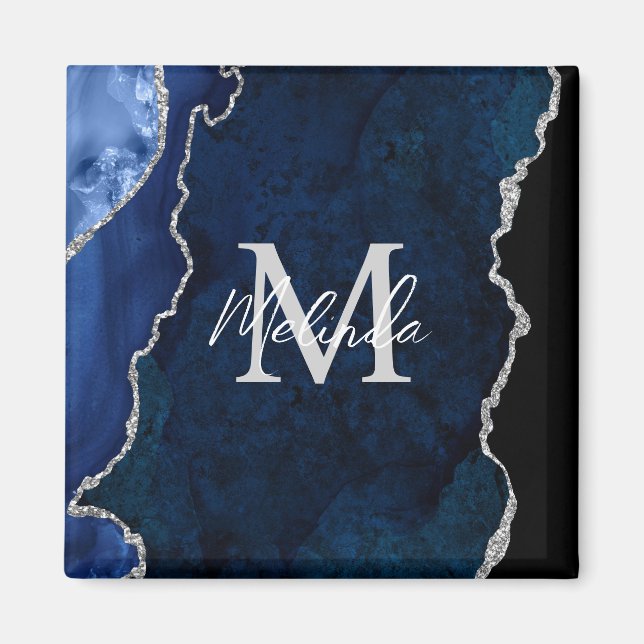 Navy Blue and Silver Marble Agate Magnet (Front)