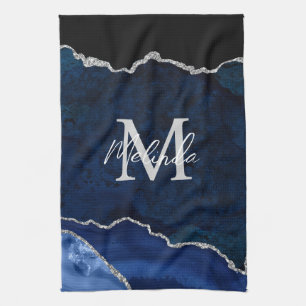 Navy Blue and Silver Marble Agate Tea Towel
