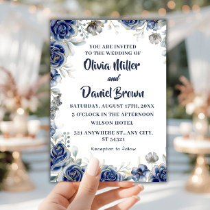 Navy Blue and Silver modern Ivory Floral Wedding Invitation