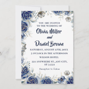 Navy Blue and Silver modern Ivory Floral Wedding Invitation