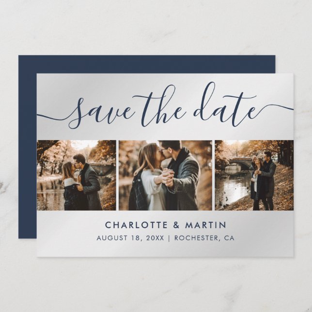 Navy Blue and Silver Modern Photo Collage Wedding Save The Date (Front/Back)