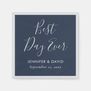Navy Blue and Silver Modern Script Wedding Napkin
