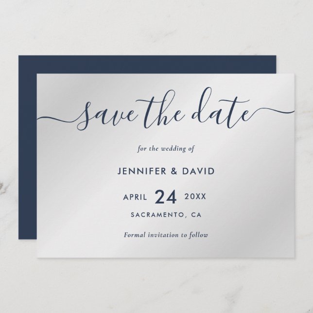 Navy Blue and Silver Modern Wedding Save The Date (Front/Back)