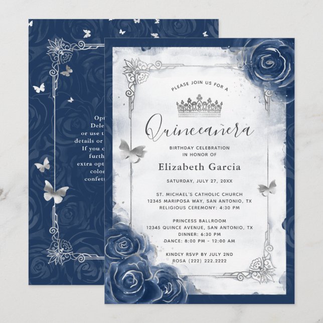 Navy Blue and Silver Rose Elegant Quinceanera Invitation (Front/Back)